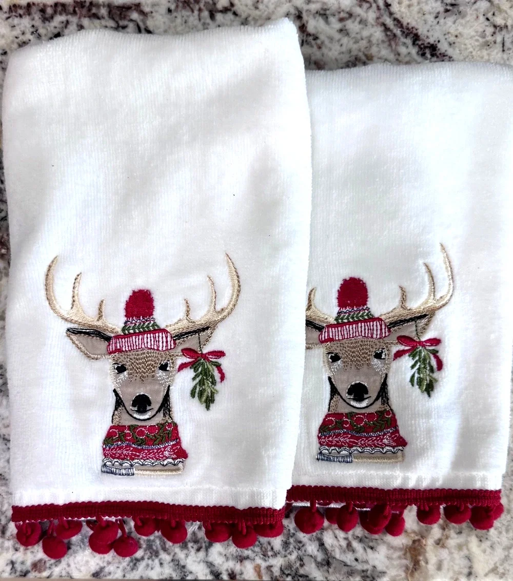 Jingles & Joy Reindeer NEW Hand Towels Set (2) Embroidered w/ Red Trim Pom Poms